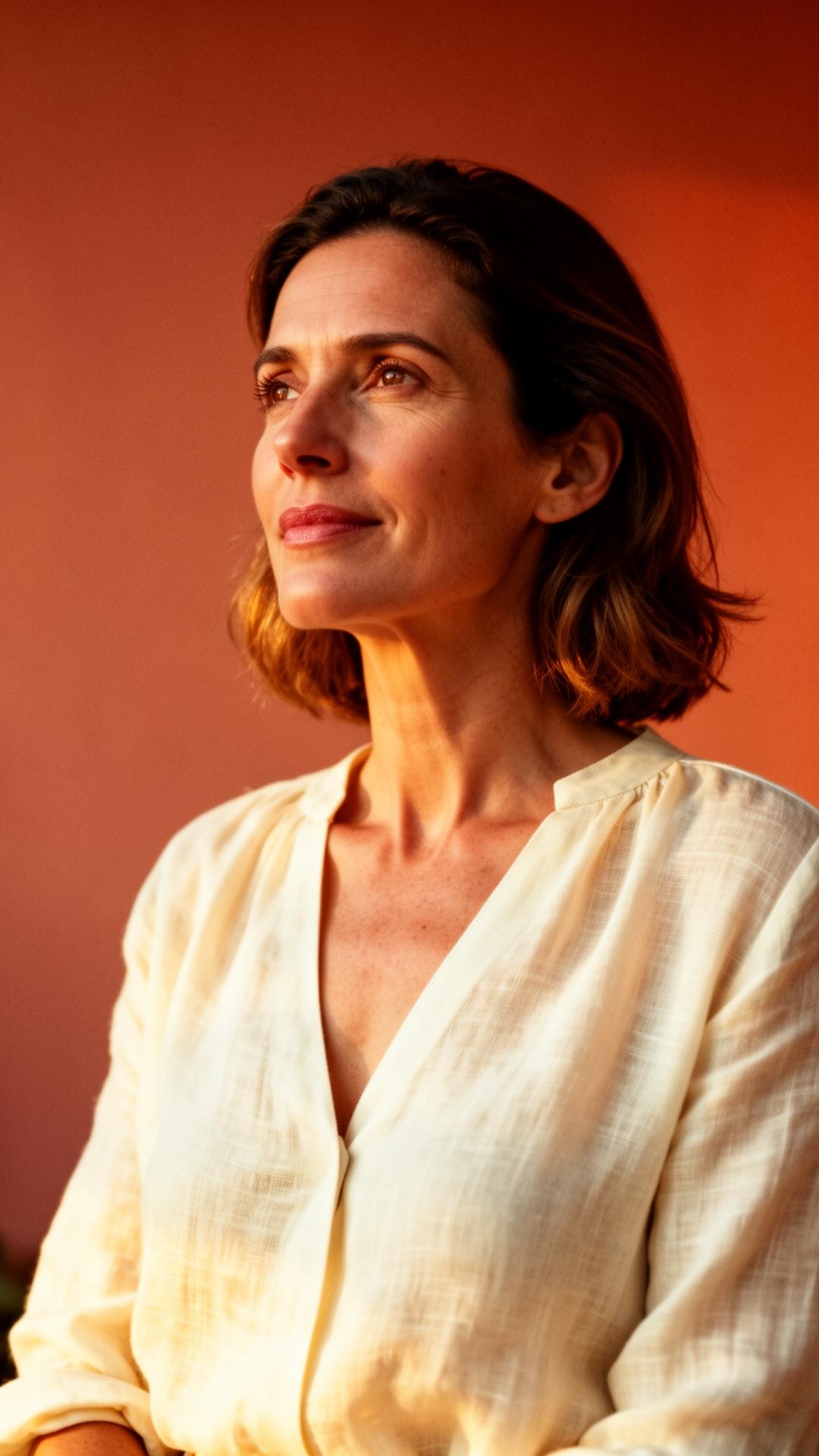 A confident, peaceful woman in calm morning light