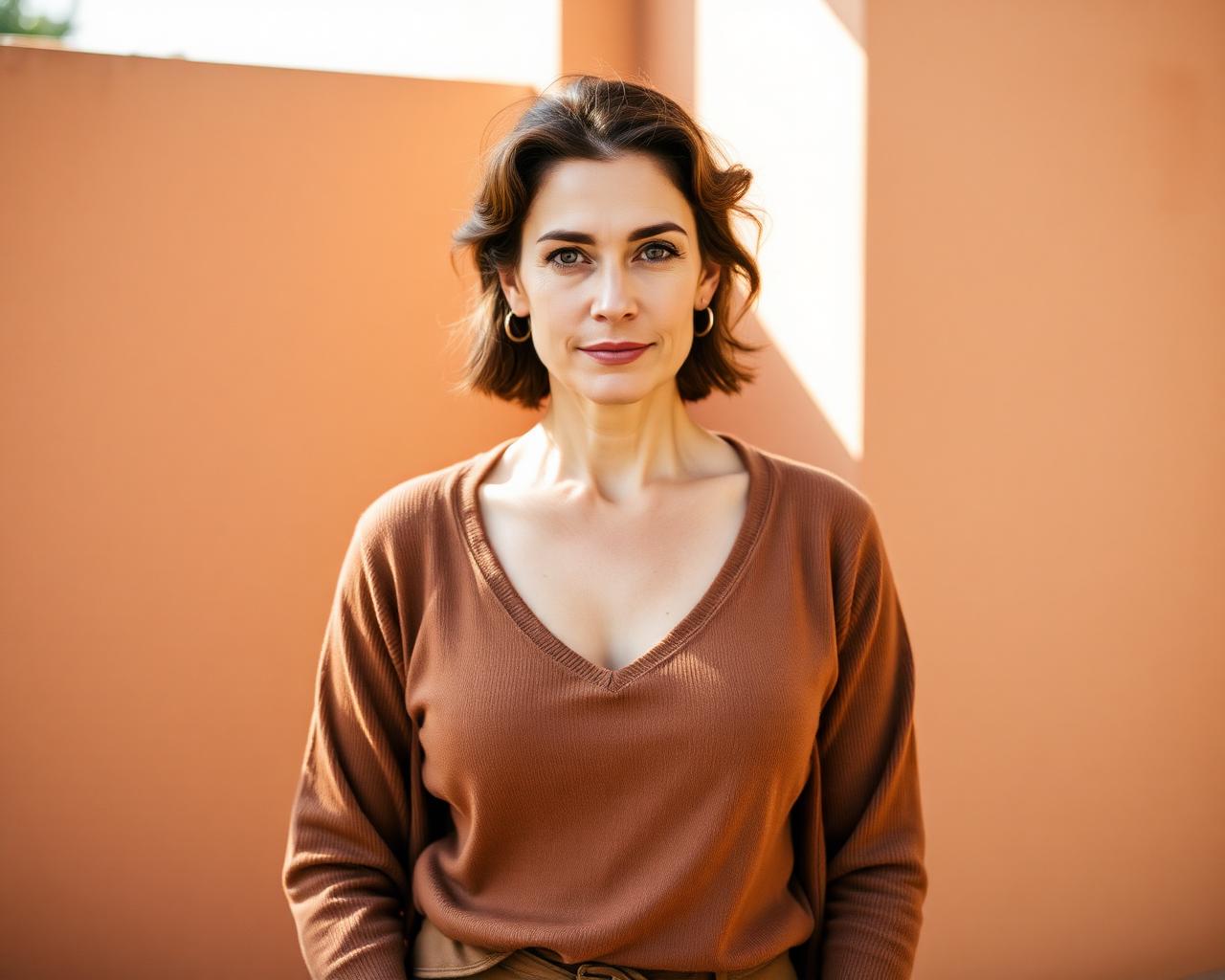 A relieved, hopeful woman breathing in soft light