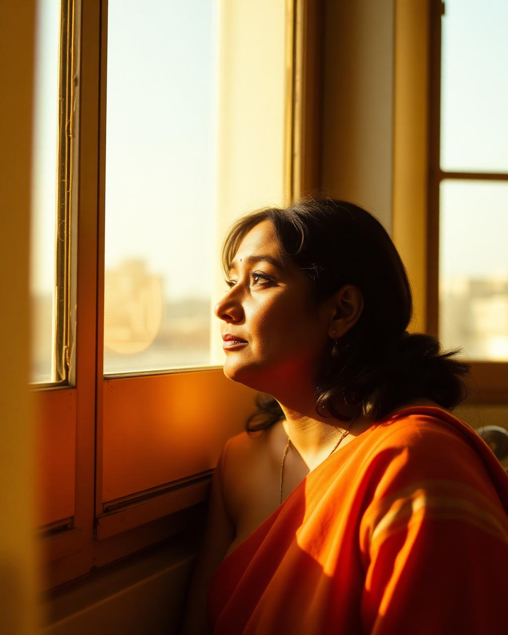A peaceful woman reflecting in soft light